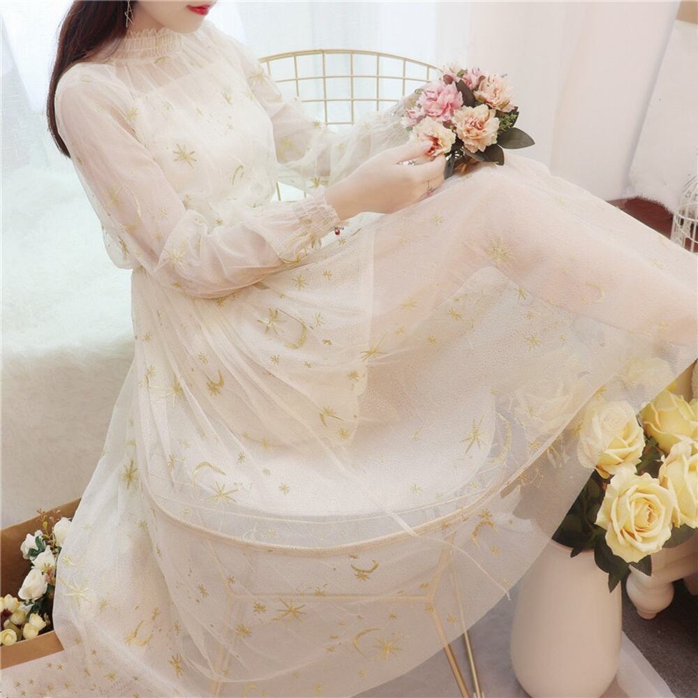 Celestial Moon Star Embroidered Sheer Mesh Dress XL Fairycore Cottagecore Whimsy